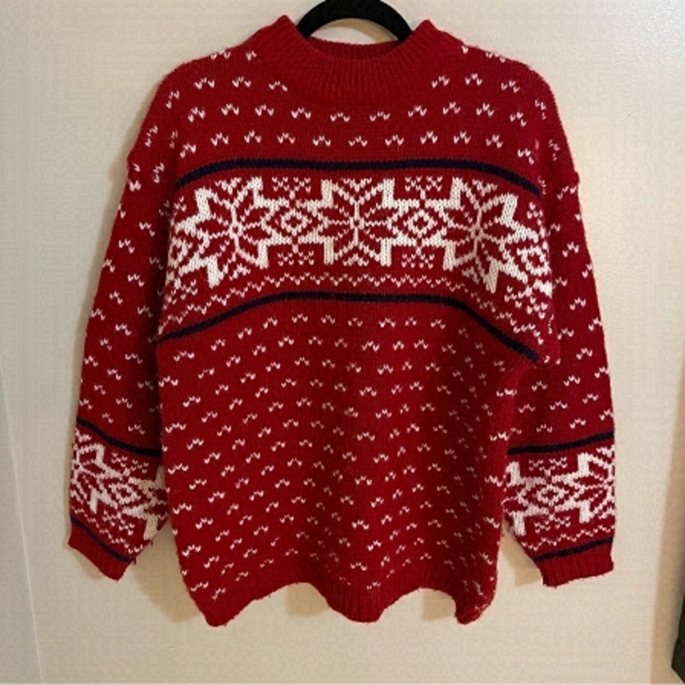 Jeff Laurent Vintage Crewneck Pullover Ribbed Knit Snowflake Sweater, …
